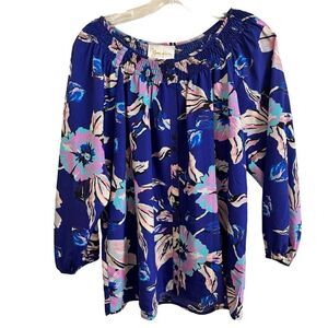 Yumi Kim Blue Floral 3/4 Sleeve Popover Blouse Top Size Large